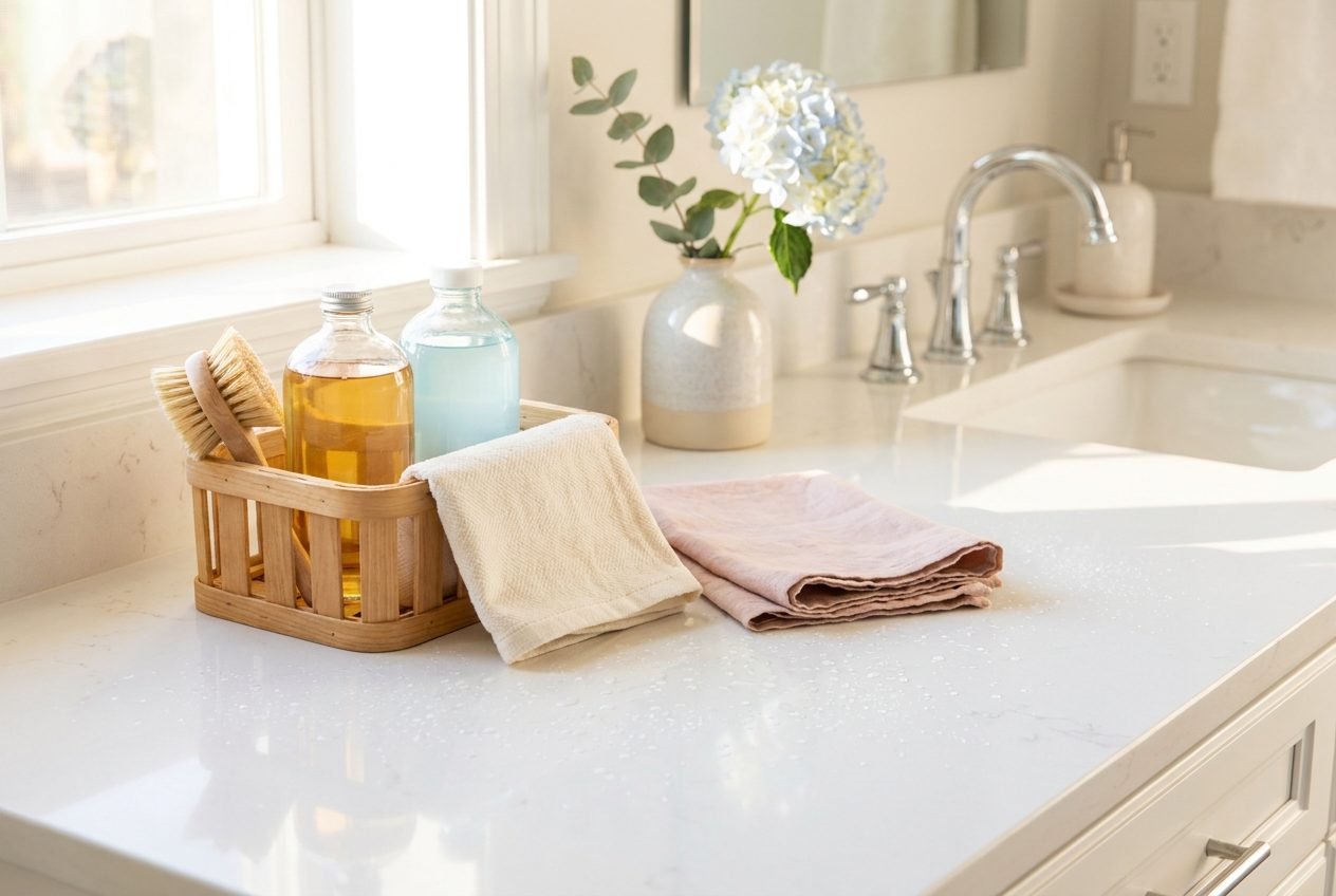 A gleaming, freshly cleaned counter with a tidy caddy of cleaning supplies
