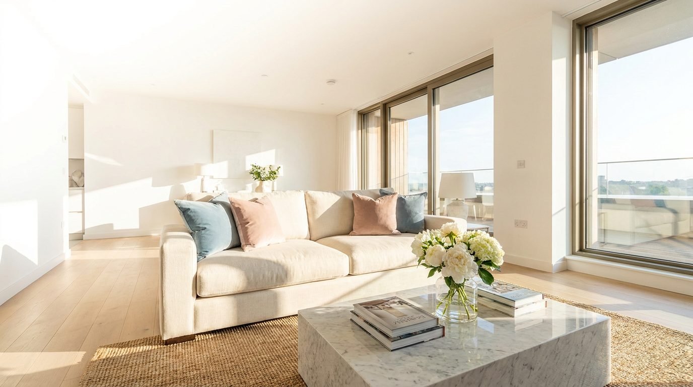 A bright, spotless modern living room cleaned by Pretty Ladies Cleaning Service